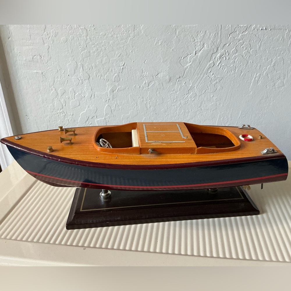 Vintage classic wood runabout boat 14” decorative model on display stand